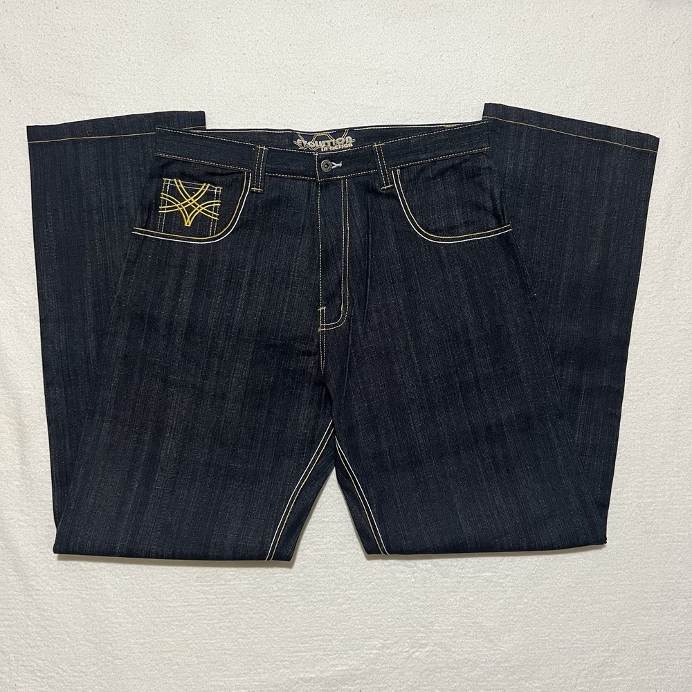 Evolution In Design Mens Dark Blue W/Yellow Contrast Stitch Jeans 36x34 NWOT